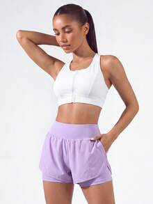 SHEIN BASICS Summer High-Waisted Solid Color 2 In 1 Sports Shorts Jogger Shorts Comfy Short Sweater Shorts - Mauve Purple - View 3