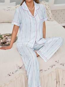 CottageSlumber Bubble Wrinkle Line Ditsy Floral Short Sleeve Pajama Set - Blue - View 6