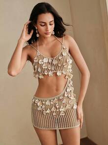 Anewsta Vestido/Cubrecostillas de playa de ganchillo hecho a mano con diseño de concha - Marrón - Ver 3