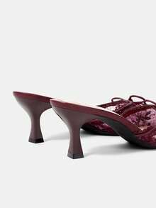 CUCCOO HITCHD Burgundy Lace Bow Pointed Mullers, Thin Heel Empty, Dating Commuter Skinny High Heels - Burgundy - View 11