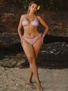 SHEIN BAE Summer Beach Vacation Style Sequined Fishnet Bikini Set With Triangle Cup - Pink - View 3