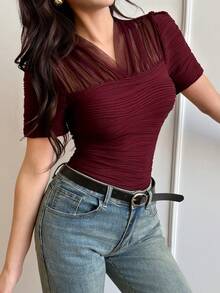 Feyla Nueva Diseño Blusa de Malla Transparente con Parches y Manga Corta Ajustada - Burdeos - Ver 6