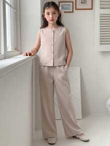 Hapijoa Tween Girl Front Button Round Neck Top And Lightweight Pants Set, Summer - Apricot - View 4