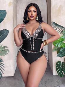 Slaydiva Plus Size 2pcs Bikini Set,Leopard Print Patchwork Black,Deep V-Neck,Adjustable Straps,Tie-Up Triangle Bottoms,Summer Beach Vacation Holiday Swimwear - Black - View 5