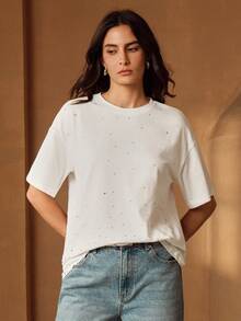 Anewsta Women's Loose Fit Rhinestone Embellished Round Neck T-Shirt, Fresh Summer Style Everyday White Basic Casual - White - View 5