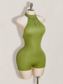 SHEIN ICON 女士黑色露背吊带紧身高领休闲连体裤 - 軍綠色 - 查看 7