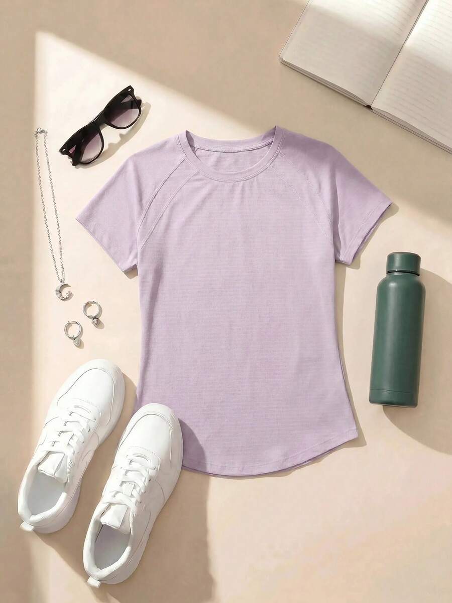 Cheerettes Solid Color Round Neck Asymmetric Hem Summer Short Sleeve Sports T-Shirt - Purple - View 1