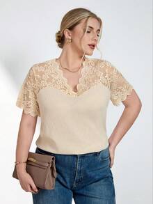 Chikora Plus Size Peach Summer Elegant Wedding Ninang Women Contrast Lace V-Neck T-Shirt,Fashion Casual Office Attire Work Tops Blouses Carnival Costume 2026 - Apricot - View 9
