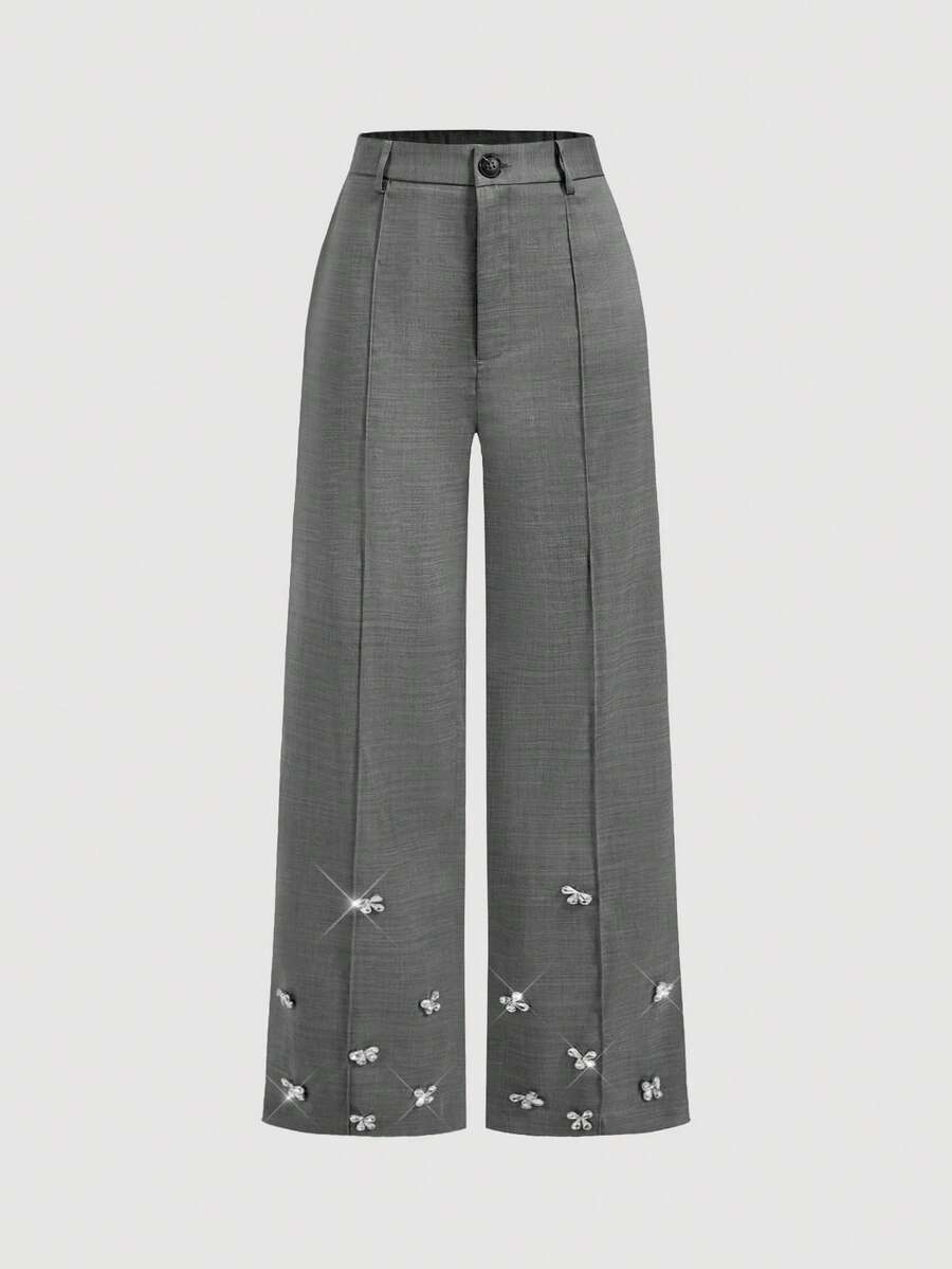 SHEIN MOD Solid Color Flared Pants With Ribbon Design, Ruched Sides And Drawstring - Grey - View 1