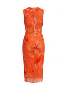 Ellevyn Women's Floral Print Pleated Elegant Waist-Defining Party Dress - Burnt Orange - View 3