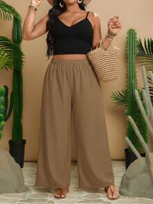 Travachic Pantalones anchos de unicolor casuales de talla grande - Café integral - Ver 6
