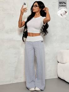 SHEIN PETITE Quần ống loe nữ màu xám họa tiết hoa, 95% cotton, cạp trắng và họa tiết thêu - Phong cách đường phố, cổ điển Y2K, thích hợp cho học sinh, mặc hàng ngày và các hoạt động thể thao mùa xuân/hè (tập gym, yoga, tennis, cầu lông, bóng rổ, leo núi, đạp xe và cắm trại). - Xám - Xem 5
