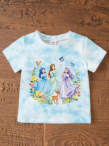 Elladie kids 女童夏季天蓝色和白色扎染公主鹿蝴蝶印花圆领短袖T恤两件套，儿童休闲套装，亲肤柔软面料，适合夏季日常穿着、上学、旅行、聚会等场合，百搭实用 - 彩色 - 查看 4