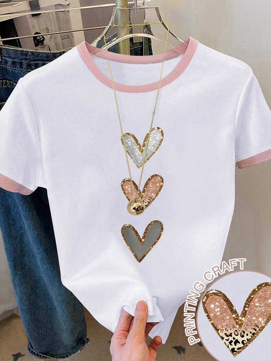 SHEIN Tween Girl Heart Graphic Colorblock Round Neck Short Sleeve T-Shirt - Multicolor - View 1