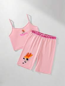 THE POWERPUFF GIRLS X SHEIN Tween Girl Cartoon Pattern Knit Soft Sports Elastic Tank Top And Shorts Set For Pilates, Ballet, Dance, Gymnastics, Competition - Pink - View 5