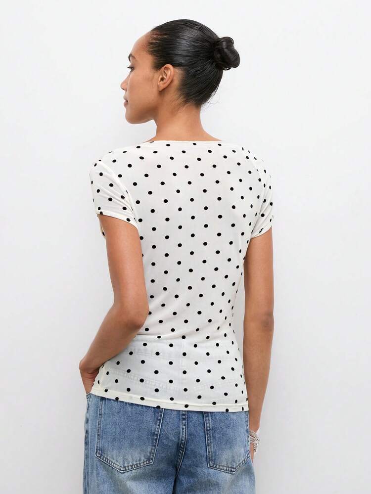 SHEIN Maija Women's White With Black Polka Dots Ruched Fitted T-Shirt,Summmer Elegent Casual Daily Tops For ,Brunch Beach Holiday Vacation Blouses