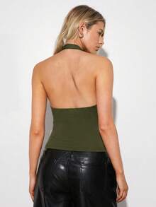 Vestido de verano  con estampado de leopardo, cuello halter, espalda descubierta, diseño drapeado, sexy, ajustado y estampado. - Verde militar - Ver 11