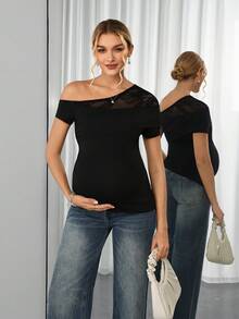 SHEIN Sexy Asymmetric Neck Lace Patchwork Fitted Maternity T-Shirt, Stretchy Slimming Undershirt Babyshower Summer Photoshoot - Black - View 4