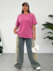 Solflare Plus Size Acid Washed Look Vintage Knitted Distressed Loose Fit Short Sleeve T-Shirt, Rose Red - Hot Pink - View 6