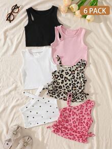 SHEIN Playful Pals 6件組幼兒女嬰夏季Y2K波希米亞風柔軟豹紋愛心粉色白色黑色上衣背心套裝，海灘陽光羅紋單肩T恤上衣，日常休閒合身裝 - 彩色 - 查看 5