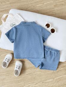 SHEIN Playful Pals 夏季水洗淺藍色簡約百搭時尚幼童男童牛仔套裝 - 中等水洗藍 - 查看 2