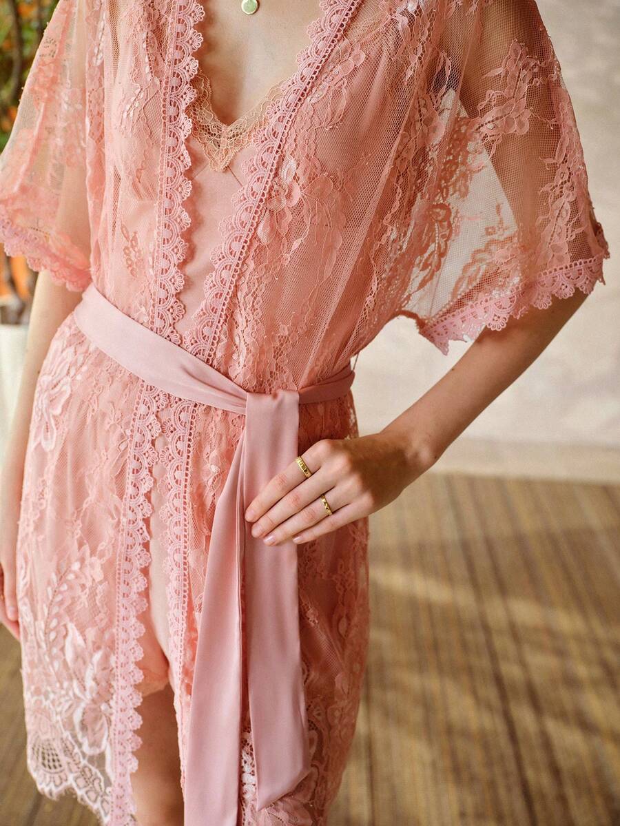 MOTF PREMIUM WOMEN'S LACE EMBROIDERED ROBE, ROMANTIC STYLE FOR SPRING/SUMMER - Pink - View 2