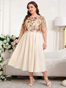 Reflora Plus Size Embroidered Sheer Patchwork A-Line Dress, Evening Gown - Apricot - View 4