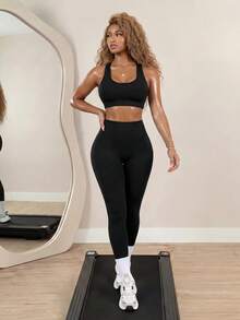 BamGleam Women's Solid Color Cami Top And Leggings Sports Set Workout Women Sets - Black - View 5