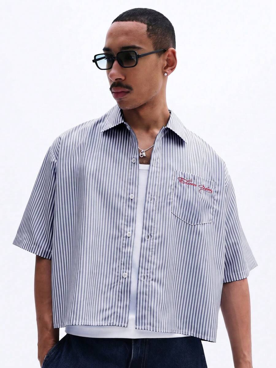SUMWON Striped Cropped Short Sleeve Button-Up Shirt With Chest Pocket And Script Embroidery Summer - Light Grey - View 1