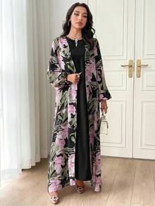 Al Najma 2件組女款春夏花卉印花燈籠袖開襟衫與純色圓領洋裝優雅套裝 - 黑色 - 查看 5