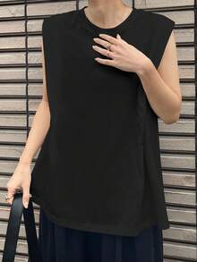 FRIFUL 女式不对称无袖开衩下摆T恤，休闲上衣 - 黑色 - 查看 3