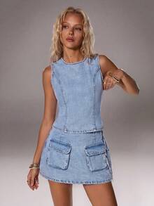 TRNVIE Women's Casual Denim Crew Neck Top And Skort Set, For Daily Wear - Light Wash - View 3