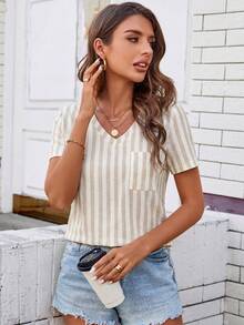 SHEIN LUNE Áo thun nữ cổ chữ V có túi in họa tiết thoải mái thời trang đa năng, áo kiểu thường ngày, áo thun nữ cổ chữ V thường ngày, áo kiểu nữ thường ngày, áo nữ mùa hè thoải mái - Nhiều màu - Xem 5