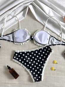 Swim Mod Conjunto de bikini con parte superior tipo tankini con volantes y estampado de lunares y Bottom de triángulo con volantes y cintura alta - Multicolor - Ver 2