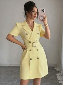 SHEIN Raffinéa Vestido con cuello, cintura ceñida, doble botonadura y mangas abullonadas - Amarillo - Ver 3