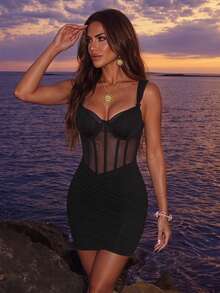 SHEIN Allurite Women's Solid Color Mesh Patchwork Sexy Fitted Camisole Mini Dress - Black - View 4
