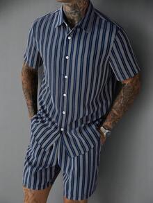 SLATEMANN Men's Vertical Striped Casual Vacation Short Sleeve Shirt And Elastic Waist Shorts Set - Royal Blue - View 5