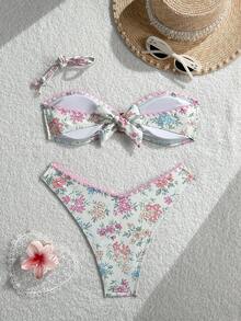 Swim Mod White Bust Metal Decor Shallow Bust Swimwear Top And V-Shape Triangle Bottoms 2 Pieces Set Golf Summer Sexy - Multicolor - View 2