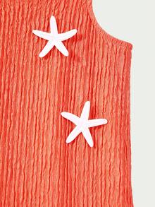 SHEIN Casuvi Kids Casuvi 青少女女童休閒針織提花紋理吊帶洋裝，寬鬆A字版型搭配3D花卉裝飾，舒適適合春夏日常穿著 - 亮橙色 - 查看 9