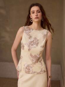 MOTF PREMIUM ROMANTIC MESH EMBROIDERED SLEEVELESS TOP FOR WOMEN - Apricot - View 4