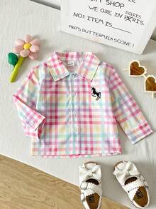 SHEIN Playful Pals 女婴休闲格子长袖衬衫，可爱清新韩版风格，适合春、秋、冬三季穿着，百搭单品 - 彩色 - 查看 4