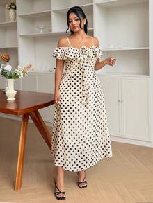 Modelyn Große Größen Polka Punkt Chiffon geschichtetes A-Linien Reißverschluss Volant Saum Casual Elegantes Kleid für Frauen - Aprikosenfarben - Übersicht 3
