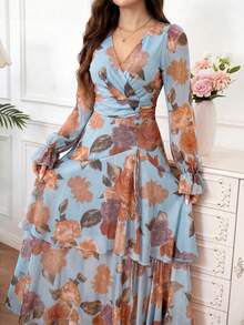2026 Nuevo vestido largo de moda con estampado floral, volantes en el bajo, cintura ceñida y gran elasticidad, vestido de vacaciones, vestido plisado, vestido floral para mujer - Celeste - Ver 6