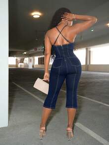 BriallanyX BriallanyX Damen Lässig Pendeln Mode 3/4 Länge Denim Latzhose Jumpsuit - Blau - Übersicht 6