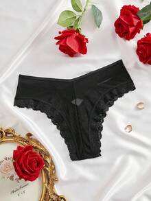 SHEIN 1件女款網紗透視鏤空蕾絲拼接性感丁字褲內褲，女性內衣，蜜月內衣，內褲 - 黑色 - 查看 5