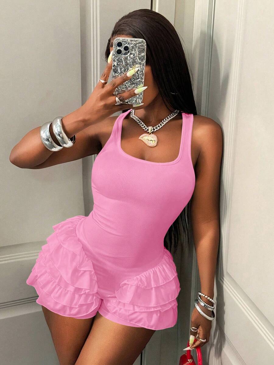 BamGleam Women's Solid Color Square Neck Ruffle Hem Jumpsuit Club Night Light Pink Summer Rave - Pink - View 1