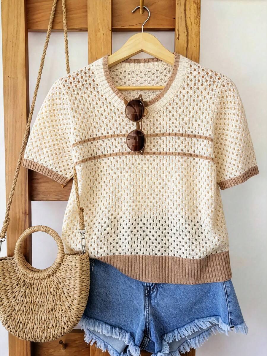 GlowEve CURVE Plus Size Contrast Trim Hollow Out Knit Short Sleeve Loose Versatile Traditional Slimming Round Neck Knit Top Sweater Vacation Beige Summer - Khaki - View 1
