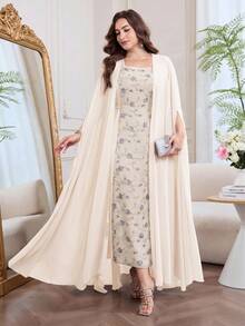Modelyn 優雅亮片裝飾3D花卉網格拼接無袖寬鬆常規雪紡素色蝙蝠袖大碼長袍，春/夏大碼兩件套 - 杏色 - 查看 7