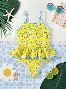 SHEIN Young Girl Ditsy Floral Knit Romper Swimsuit - Multicolor - View 2