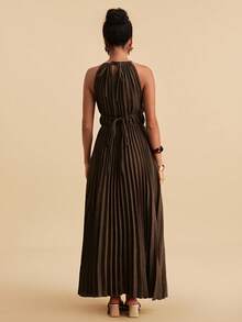 Travachic Women's Spring/Summer Elegant Sexy Commuting Travel Pleated Halter Tie Waist Dress Golf Pastal - Coffee - View 5